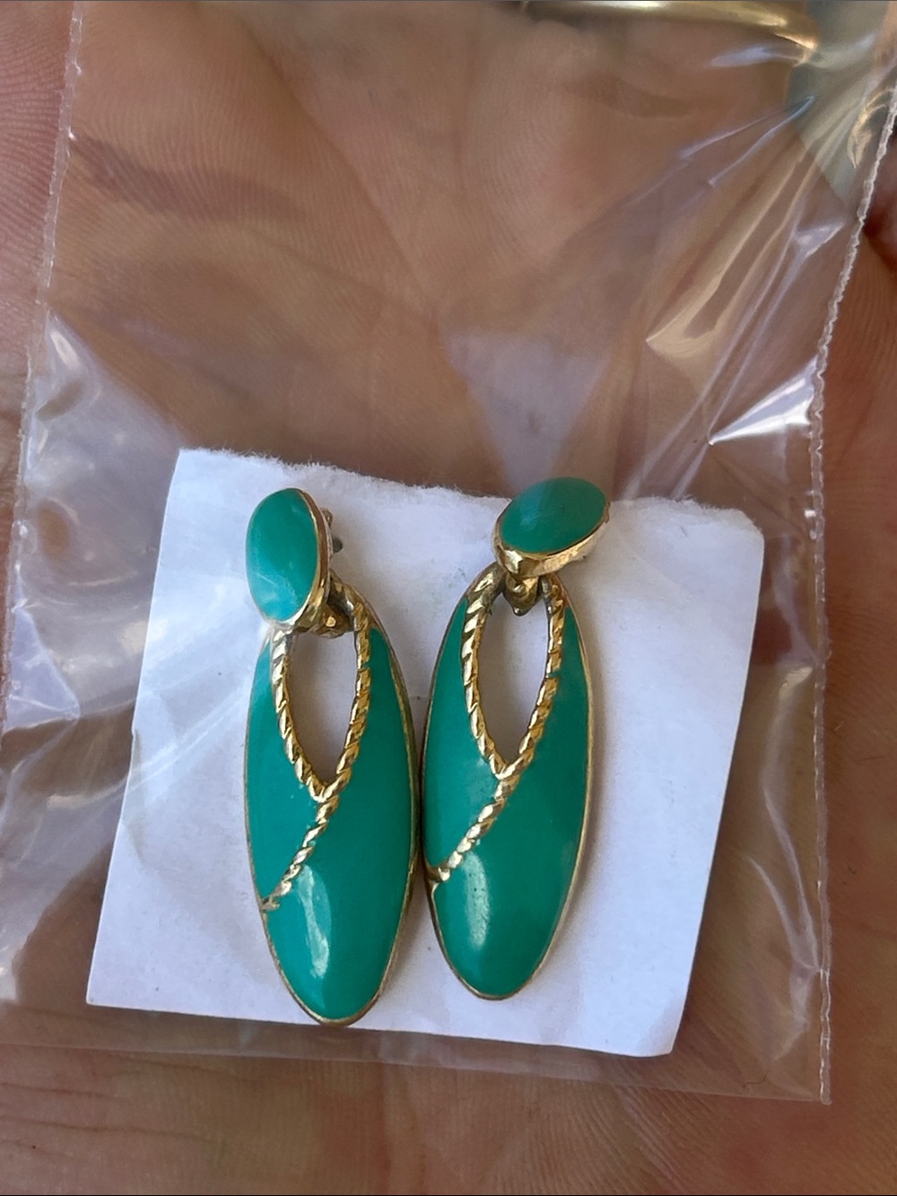 Gold-Trim Teardrop Green Enamel Drop Earrings - Women Jewelry